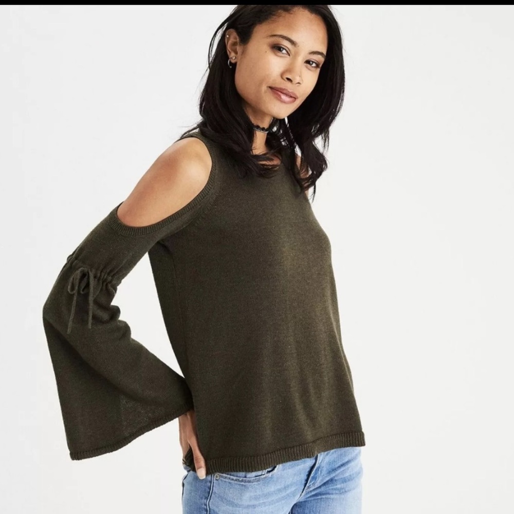 American Eagle Olive Long Bell Sleeve Cold Shoulder Sweater